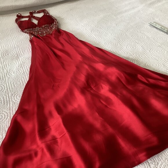 Jovani Red Sequin Embellished Satin 100% Silk Maxi Dress Gown Size 4 - Picture 15 of 16